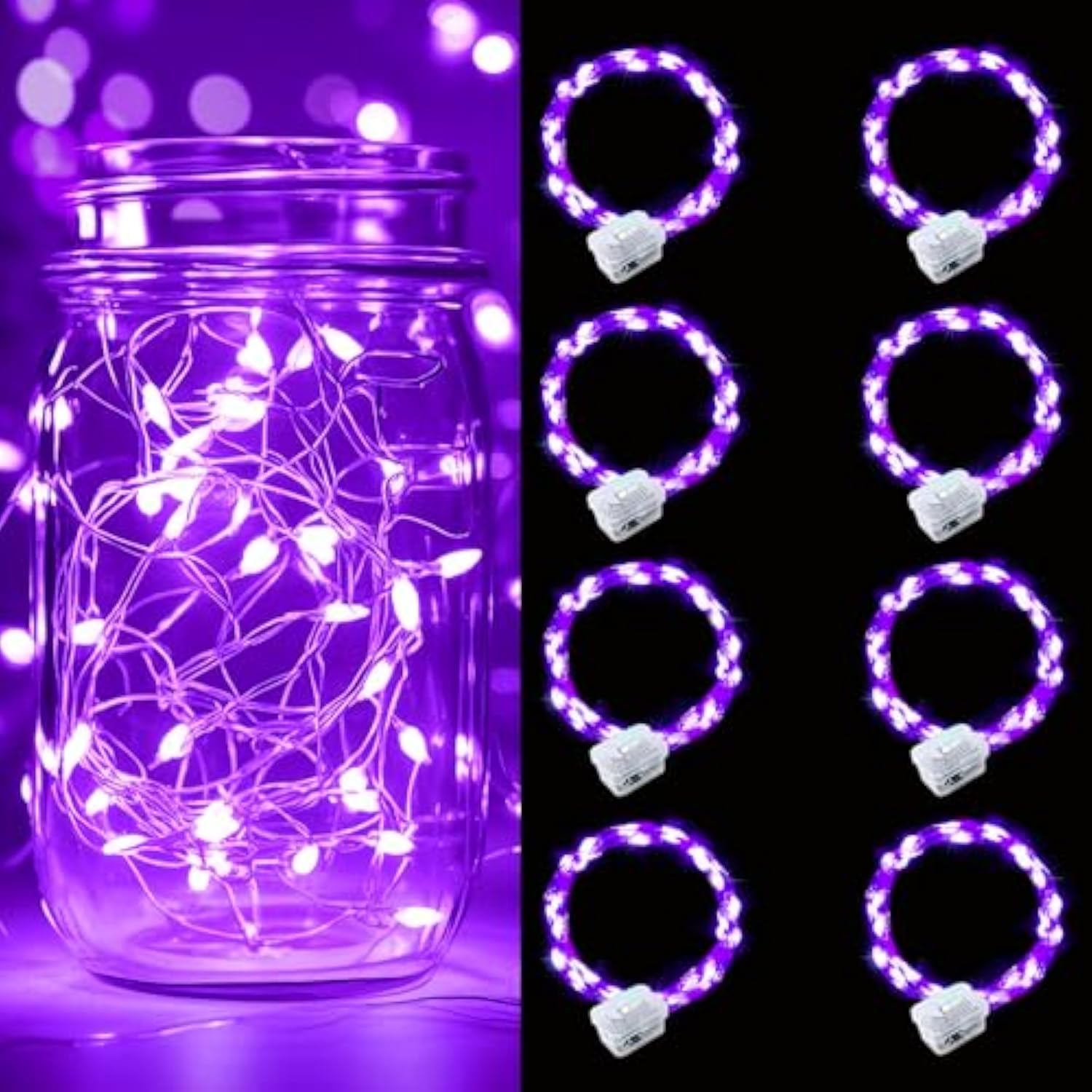8 Pack Purple Battery Operated String Lights - 7Ft Waterproof Fairy Lights With 20 Leds For Home, Mason Jar, Party, Wedd