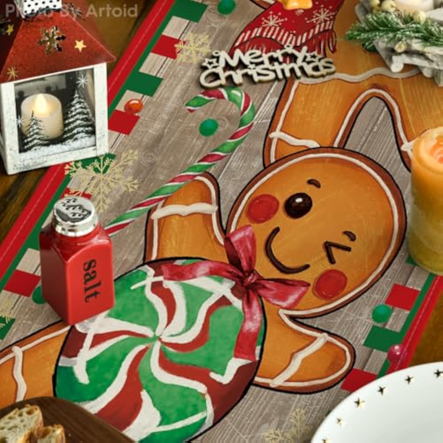 Wood Gingerbread Candy Cane Christmas Table Runner, Seasonal Winter Kitchen Dining Table Decoration For Home Party Decor 13X90 Inch