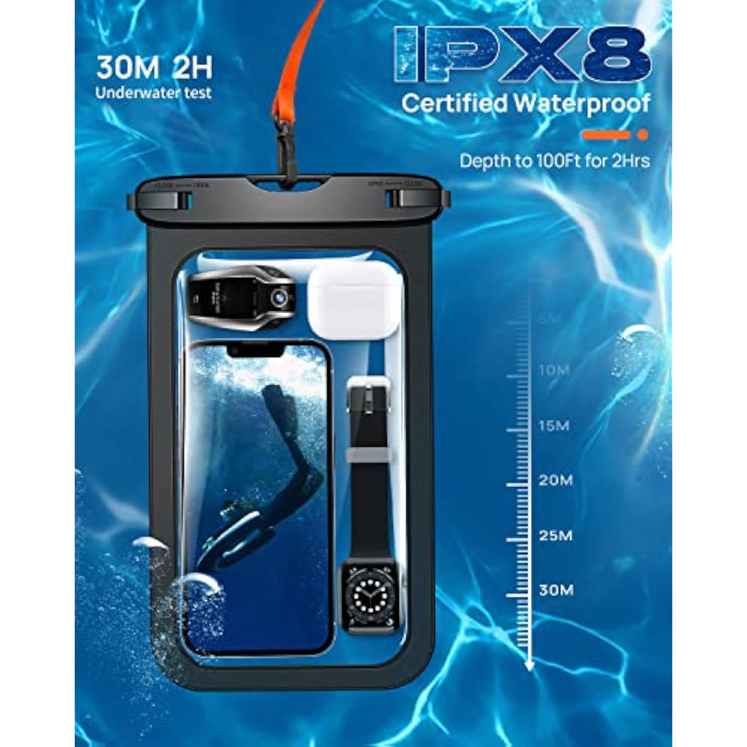 10.5" Large Waterproof Phone Pouch, 2 Pack Universal Ipx8 Waterproof Dry Bag With Lanyard For 16 15 14 Pro Max, Samsung Galaxy S25 S24 S23 Ultra, S24 Fe, Pixel 9A 8 Pro, Black+Black