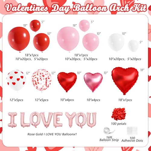 Valentines Day Balloon Arch Garland Kit, Valentine Pink White Red Heart I LOVE YOU Balloons with Rose Petals for Bachelorette Bridal Engagement Birthday Galentines Valentines Party Decorations