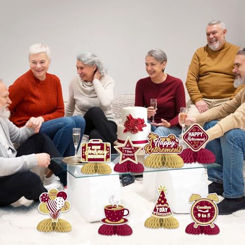8 Pieces Happy Retirement Honeycomb Centerpieces - Burgundy Retirement Party Decorations, New Journey Begins Goodbye 9 to 5 Table Toppers for Welcome to 7 Day Weekends Farewell Leaving Party