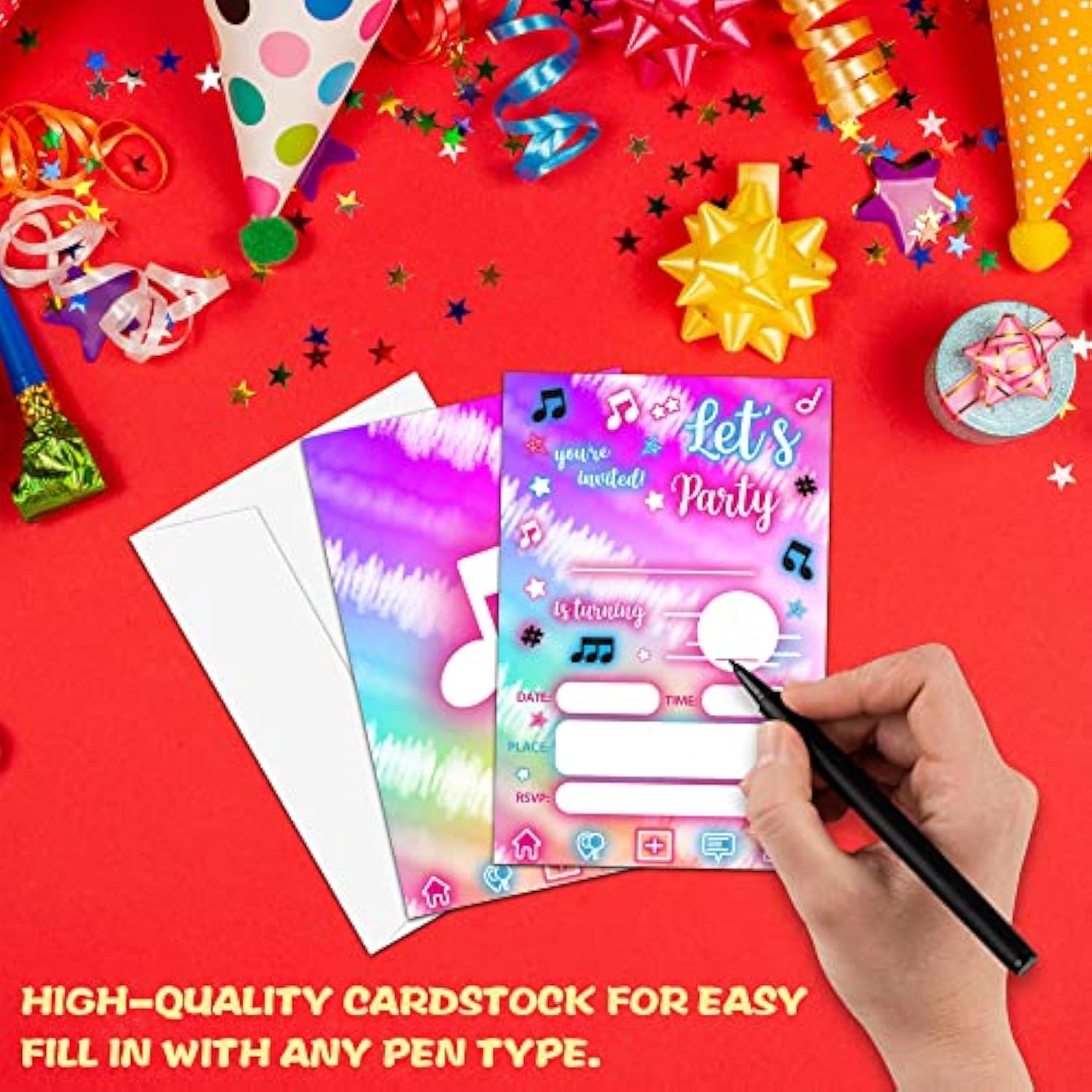 Music Theme Birthday Party Invitation,Music Notes Neon Fill-In Invites For Men & Women, 20 Invitations With Envelopes(4" X 6")?Adults Party Favors Decorations And Supplies-06