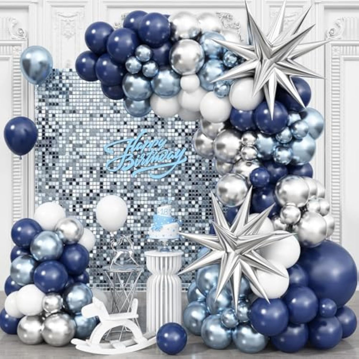 98pcs Blue Silver Balloon Arch Kit with Navy, White, and Star Foil Balloons