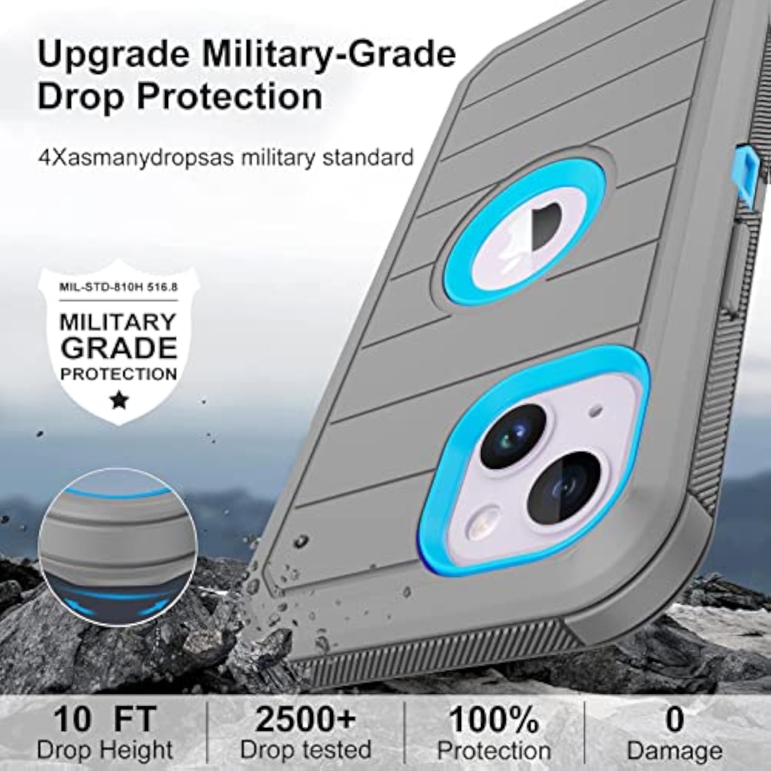 Heavy Duty iPhone 14 Case with 2 Screen Protectors, 3-Layer Rugged Durable Military Grade Cover for Apple iPhone 14 6.1 Inch, Gray and Blue Color Combination