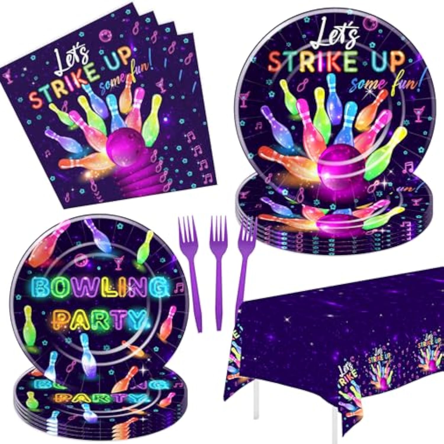 Bowling Party Decorations Dinnerware, Strike Up Some Fun Bowling Ball Birthday Party Supplies Tableware, Paper Plate, Napkin, Tablecloth, Disposable Fork, Serves 24