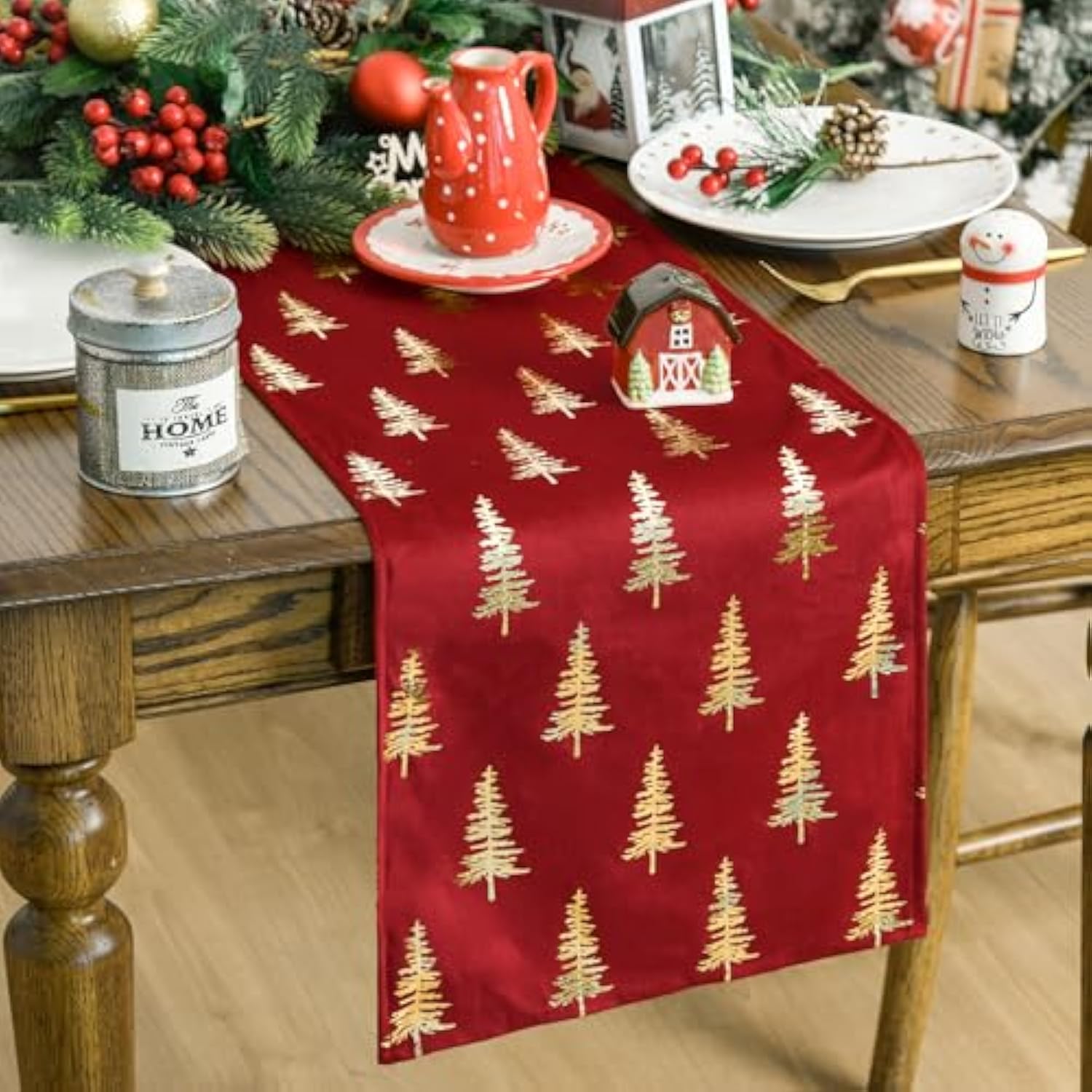 Christmas Tree Red Dutch Fleece Table Runner, Glitter Metallic Foil Holiday Kitchen Dining Table Decoration For Home Party Decor 13X72 Inch