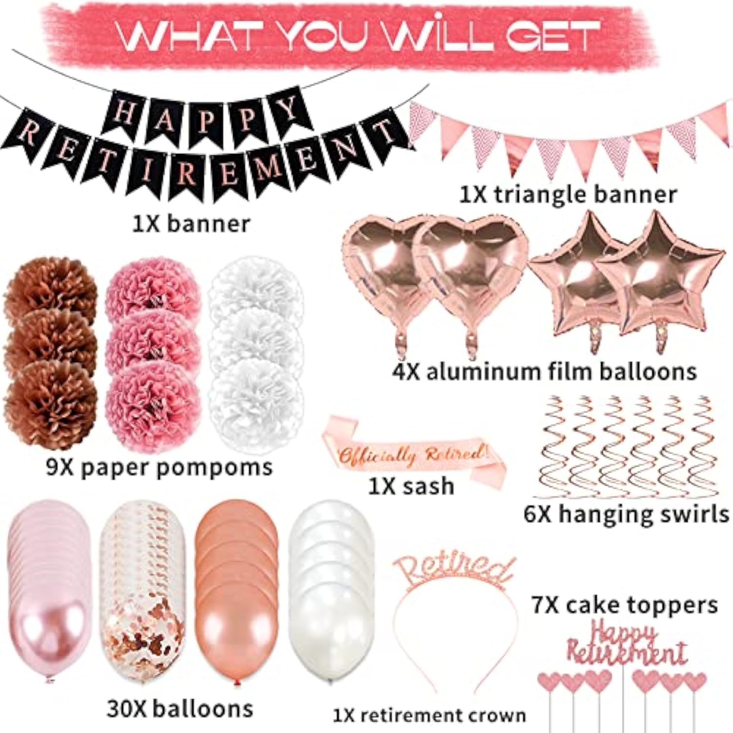 Rose Gold Retirement Party Decorations 63 Pcs Banner Swirls Balloons Cake Toppers