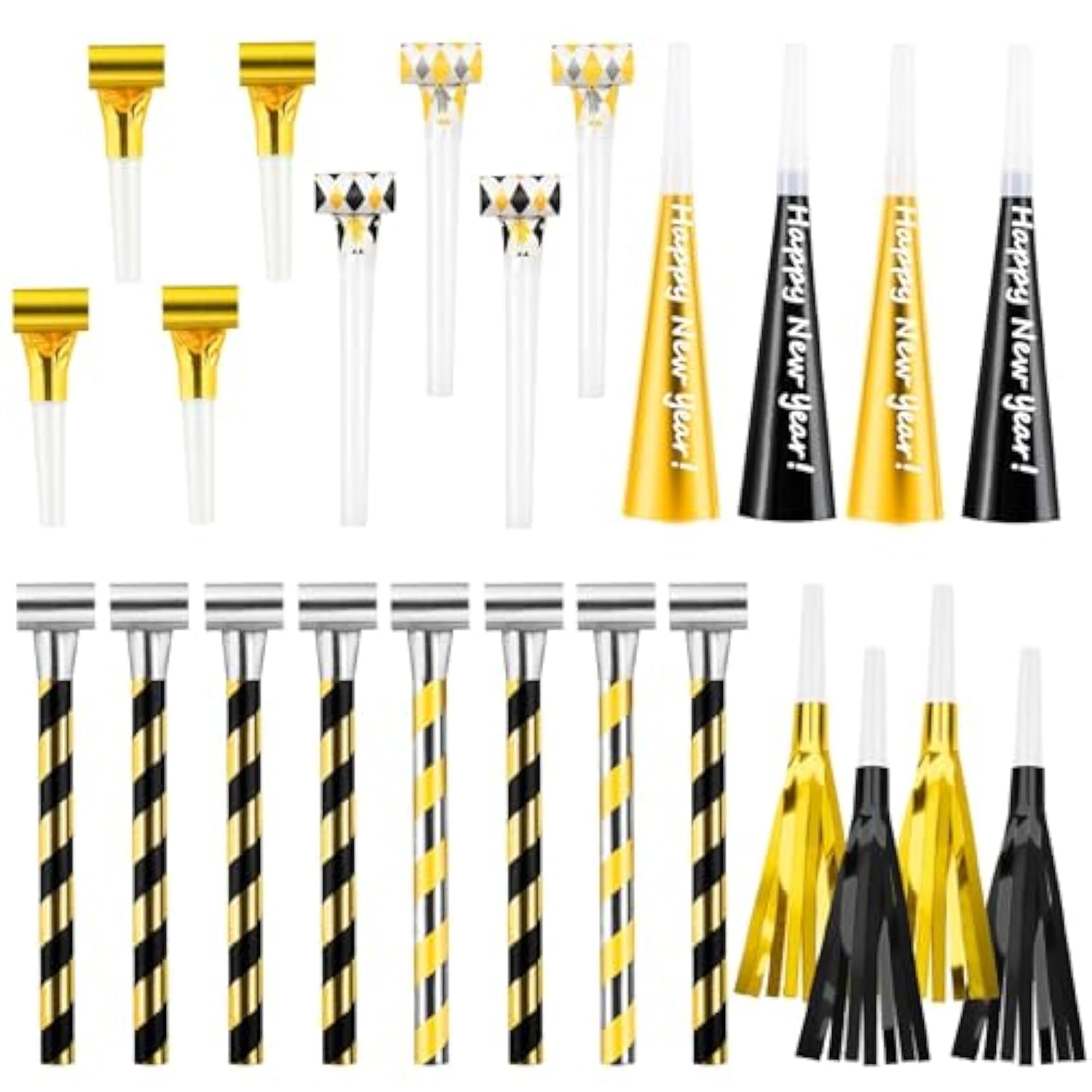 24 Pcs New Year Party Blowers Glitter Fringed Noisemakers Whistles