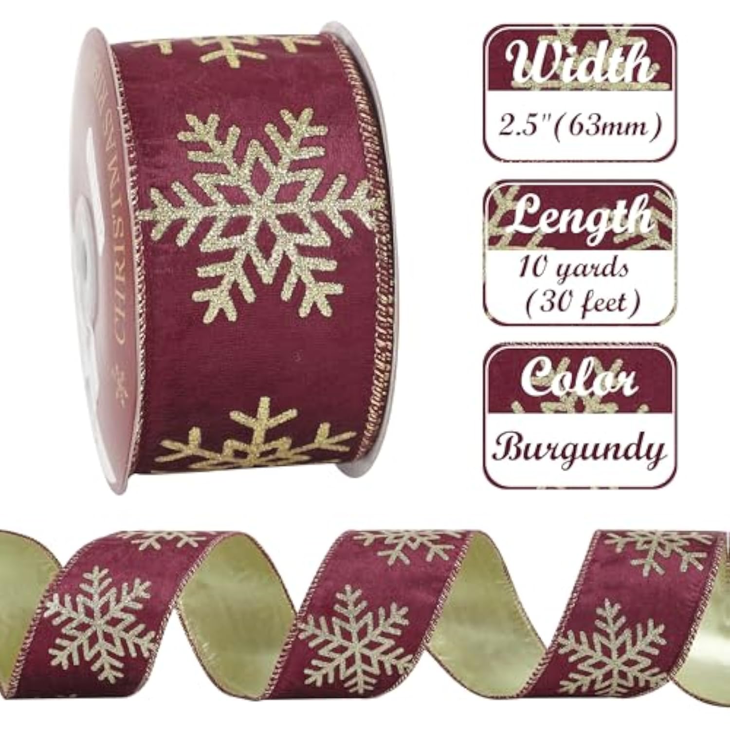 Burgundy And Gold Christmas Velvet Ribbon Wired 2.5 Inch Glitter Snowflake Wired Ribbon For Wreaths, Christmas Tree, Gift Wrapping, Garland, Holiday Crafts, Topper Bows, 10 Yards