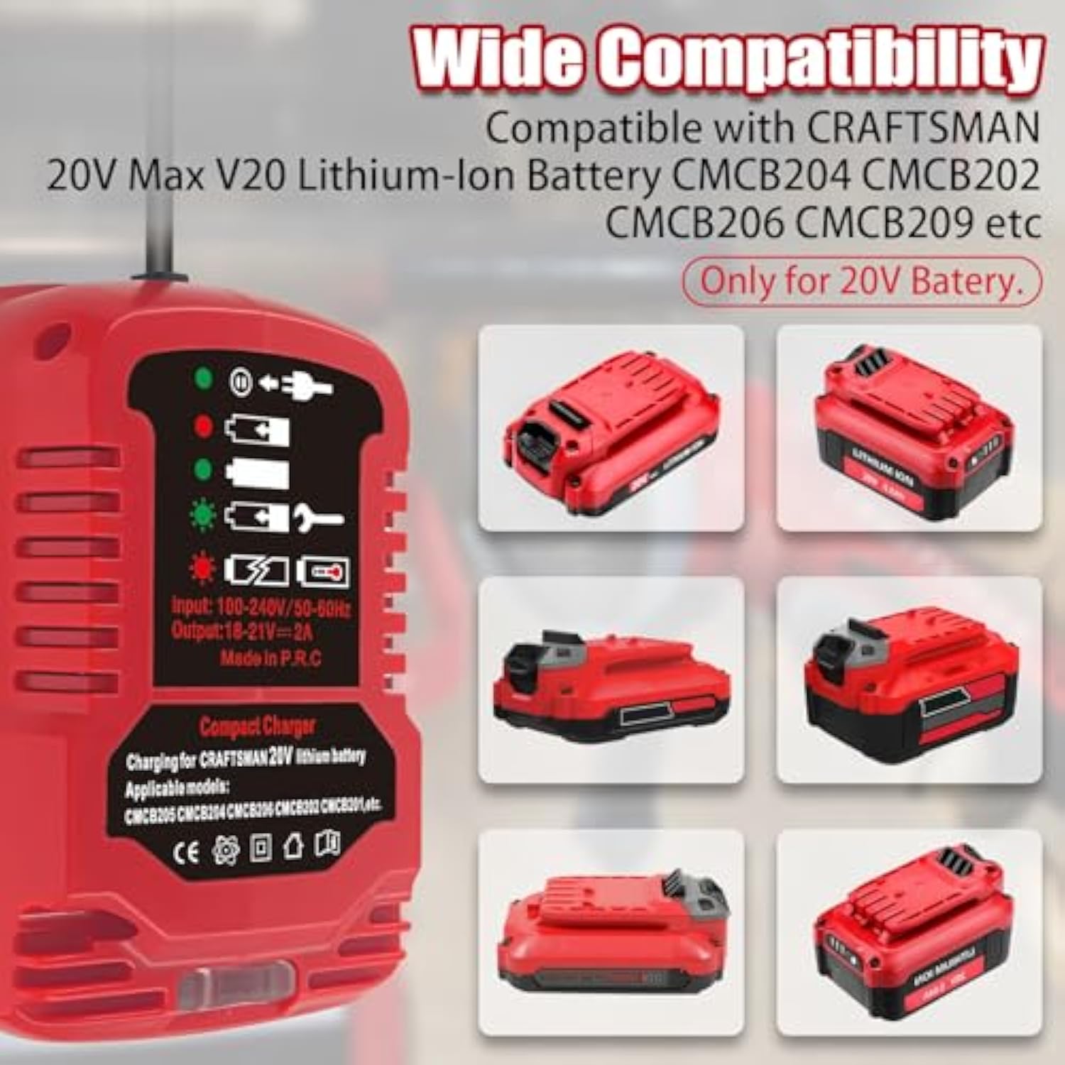 V20 Charger For Craftsman 20V Lithium-Ion Battery,Portable Mini Charger For Cmcb204 Cmcb202 Cmcb201 Cmcb209 Cmcb205 Cmcb100 Cmcb102 Cmcb101, With 2A Output, For Craftsman Battery Charger