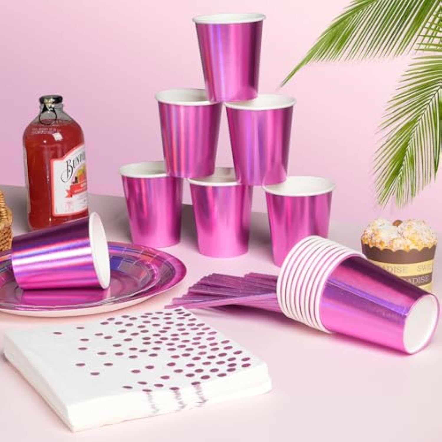 Iridescent Pink Party Supplies Decorations Serve 25, Hot Pink Holographic Paper Plates And Napkins Set, Disposable Pink Paper Plates Cups Knives Spoons Fork For Mermaid Disco Birthday Graduation Party