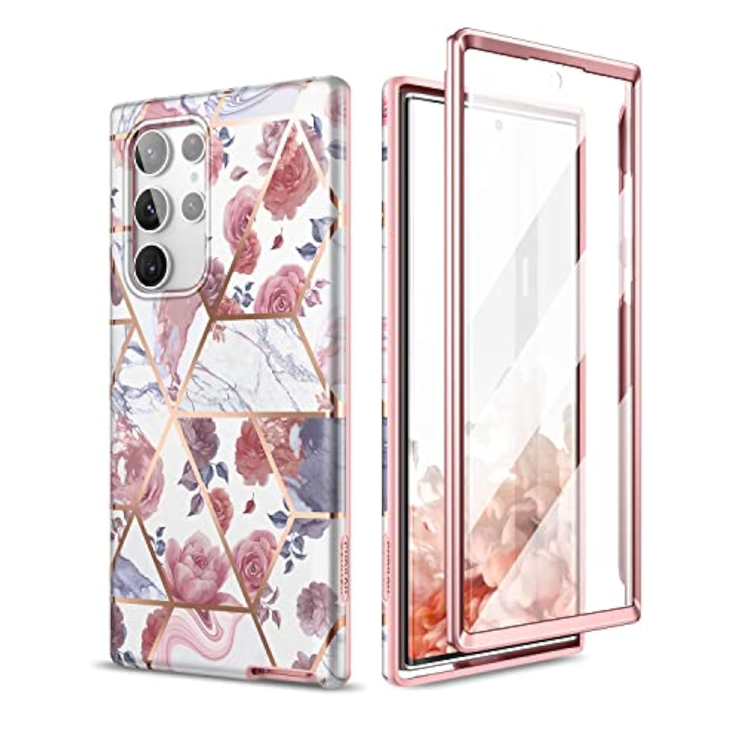 For Samsung Galaxy S22 Ultra Case, Built-In Screen Protector For Samsung S22 Ultra 5G Case Full Body Protection Shockproof Rugged Bumper Silicone Phone Protective Cover 6.8 Inch - Rose Marble
