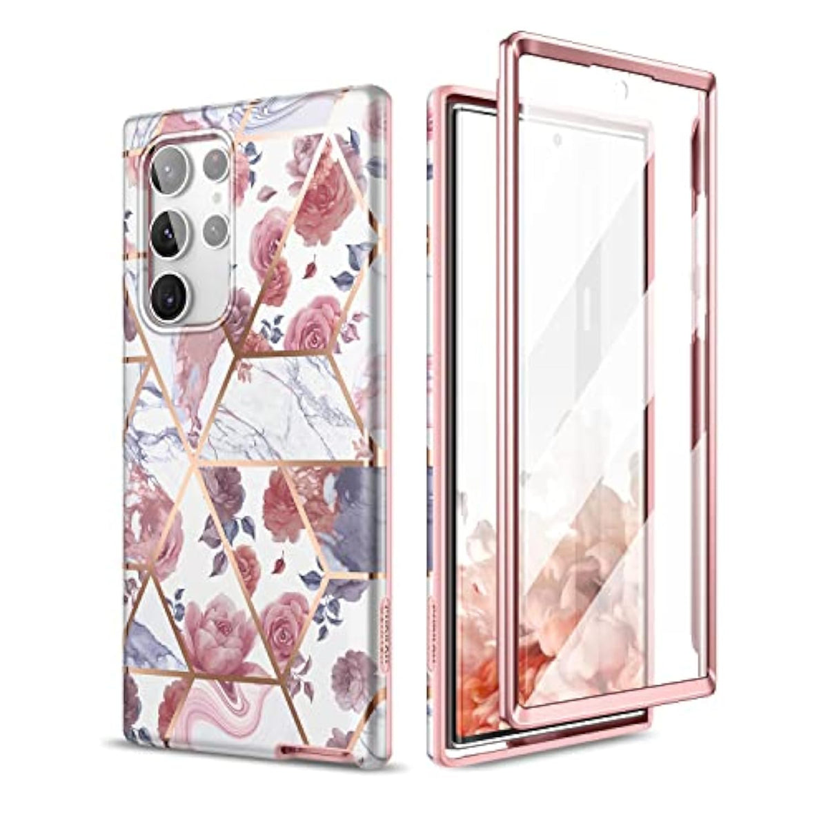 For Samsung Galaxy S22 Ultra Case, Built-In Screen Protector For Samsung S22 Ultra 5G Case Full Body Protection Shockproof Rugged Bumper Silicone Phone Protective Cover 6.8 Inch - Rose Marble