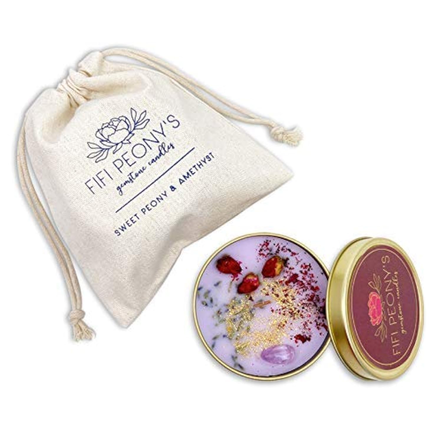 'S Gemstone Candles- Scented With Sweet Peonies And Infused With A Calming Amethyst Crystal And Handplaced Dried Flowers To Manifest Tranquility. Burns With An Elegant Wooden Wick. 8Oz.