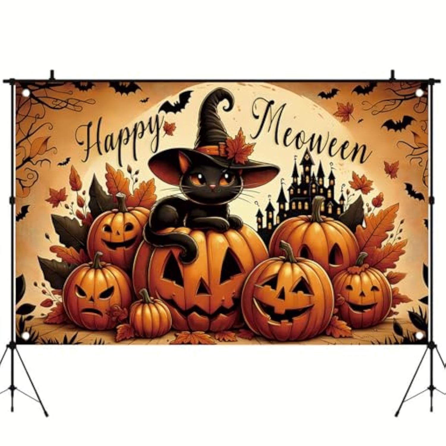 Halloween Backdrop 71x43 Inch Black Cat Pumpkin Castle Bat Party Photo Banner