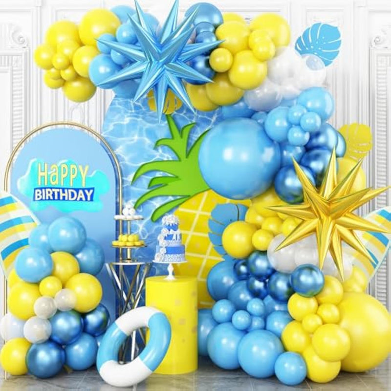 Yellow Blue Clear Balloon Arch Kit With Explosion Star Balloons, Cartoon Theme Blue And Yellow Balloons Garland Kit For Boys Girls Cartoon Birthday Baby Shower Party Supplies