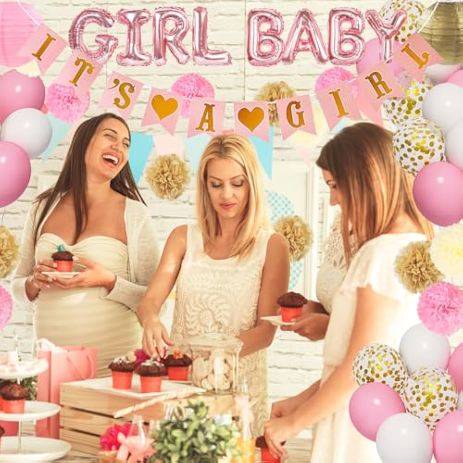 33pcs Pink Baby Shower Decor with It's a Girl Banner, Balloons & Pom Poms