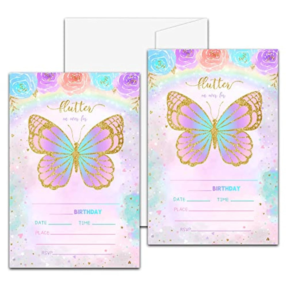 Butterfly Birthday Party Invitation, Floral Butterfly Themed Fillin Invites, 20 Gold Foil Invitations With Envelopes For Teens Boys & Girls (4 X 6), Kids Rainbow Party Favors Decorations And