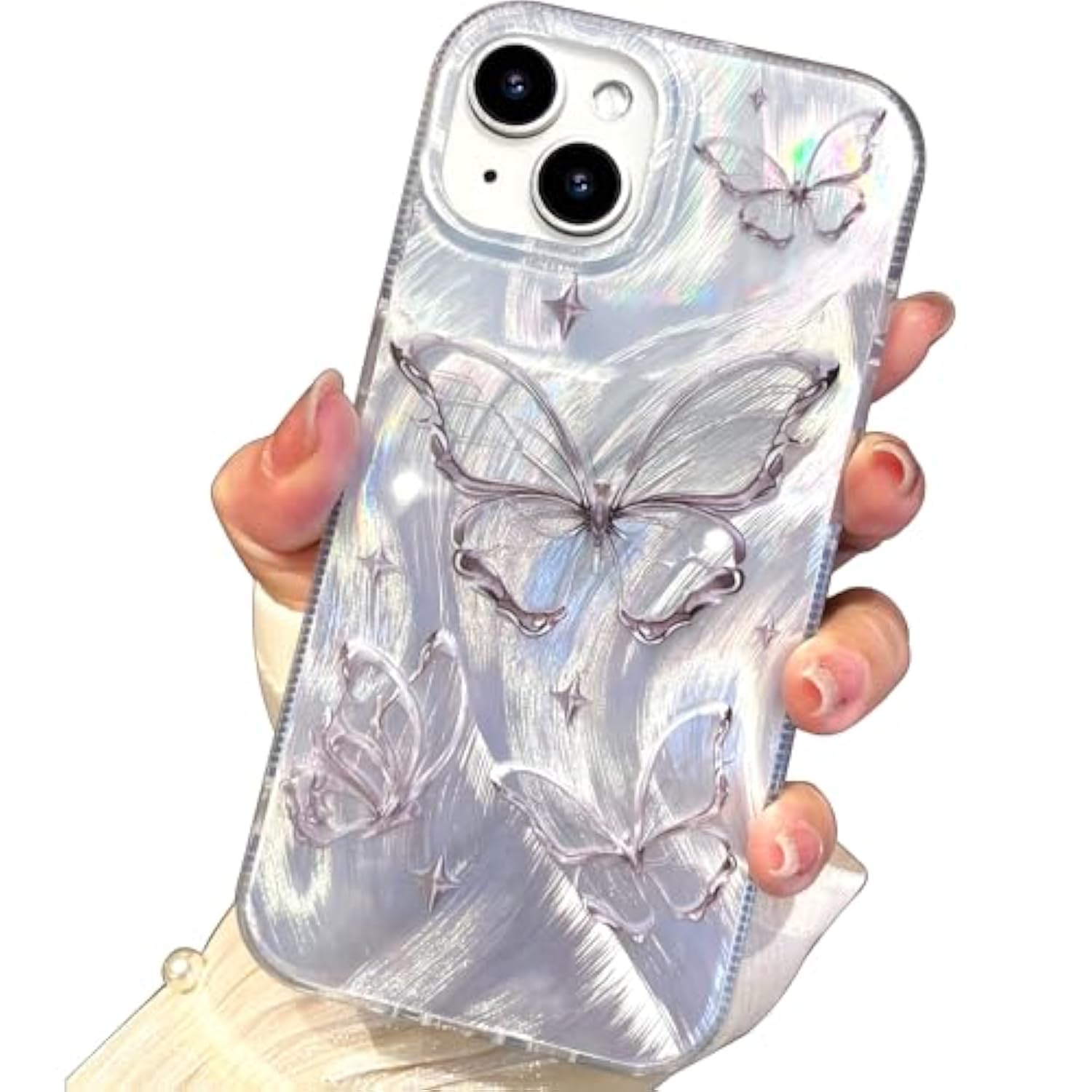 For Iphone 13 Case & Iphone 14 Case Shiny Silver Butterfly Design,Trendy Cute Soft Slim Shockproof Tpu Protective Phone Cases Cover For Women Girls Aesthetic Glitter,Iphone 14/13 6.1"