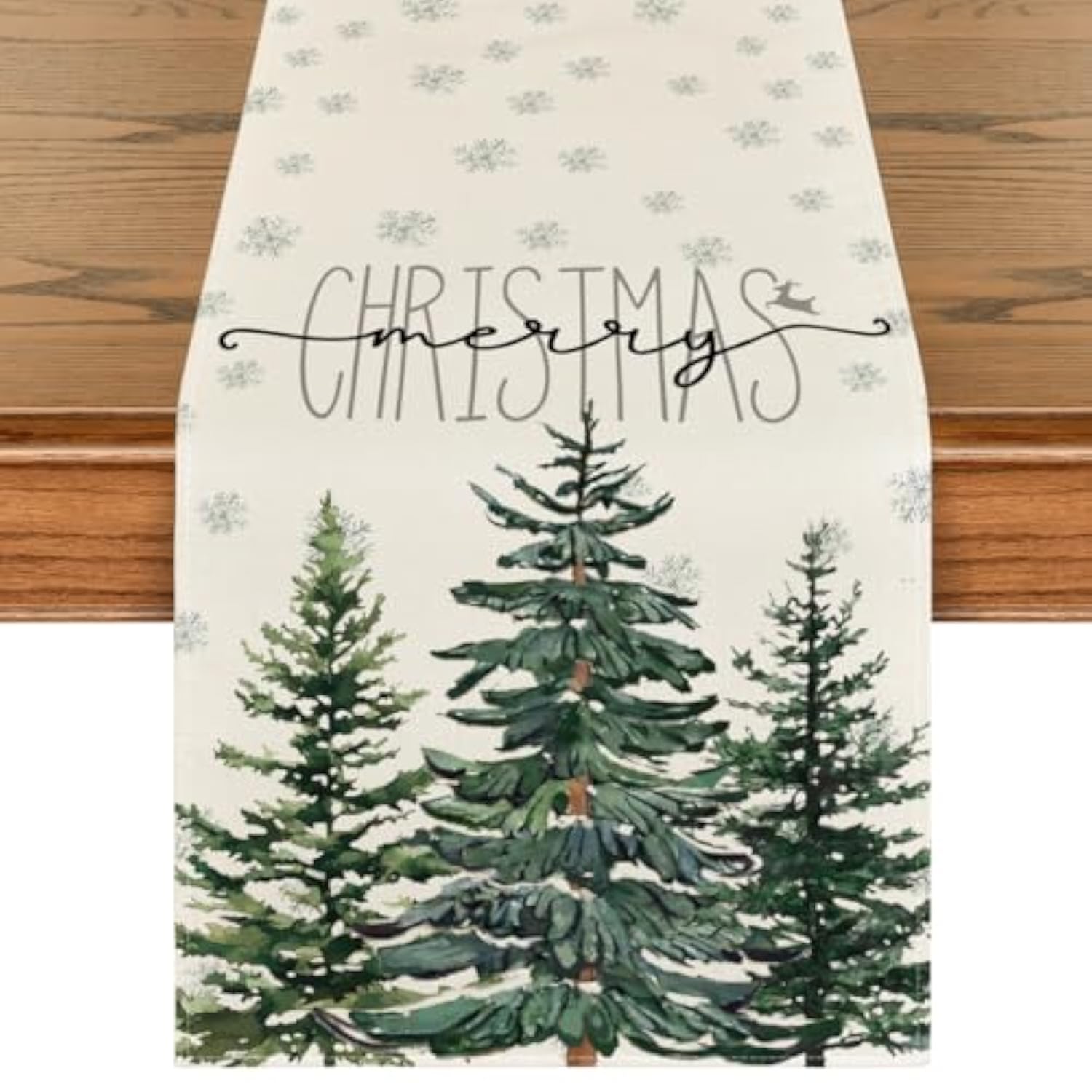 Beige Pine Tree Snowflake Merry Christmas Table Runner, Seasonal Winter Xmas Holiday Kitchen Dining Table Decoration For Home Party Decor 13 X 108 Inch
