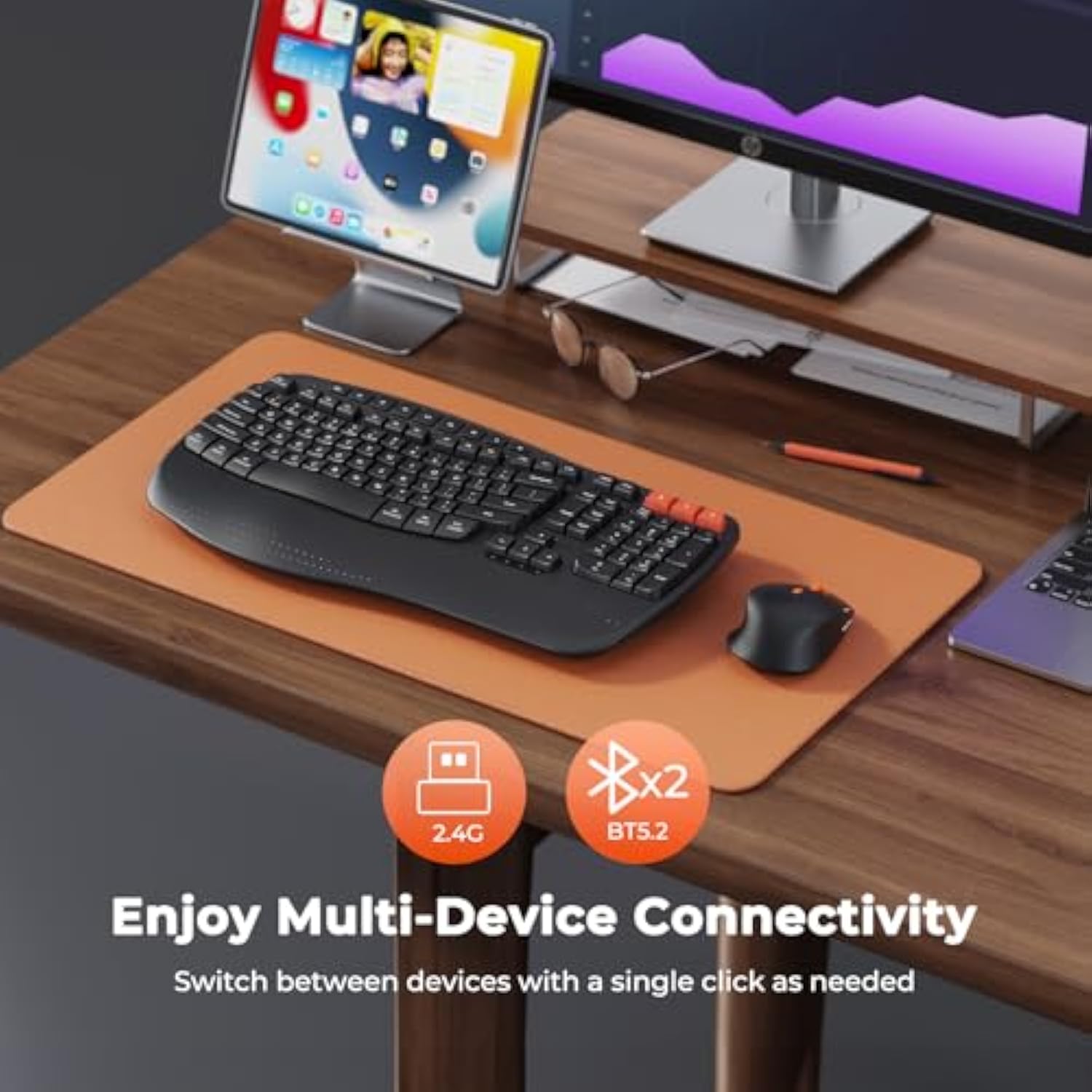 MEETION Wave Ergonomic Keyboard and Mouse Wireless, USB/Bluetooth Wave Ergo Keyboard with Wrist Rest, 4 DPI Adjustable Swing Wheel Silent Wireless Mouse Rechargeable for Windows/Mac/Android Director-D