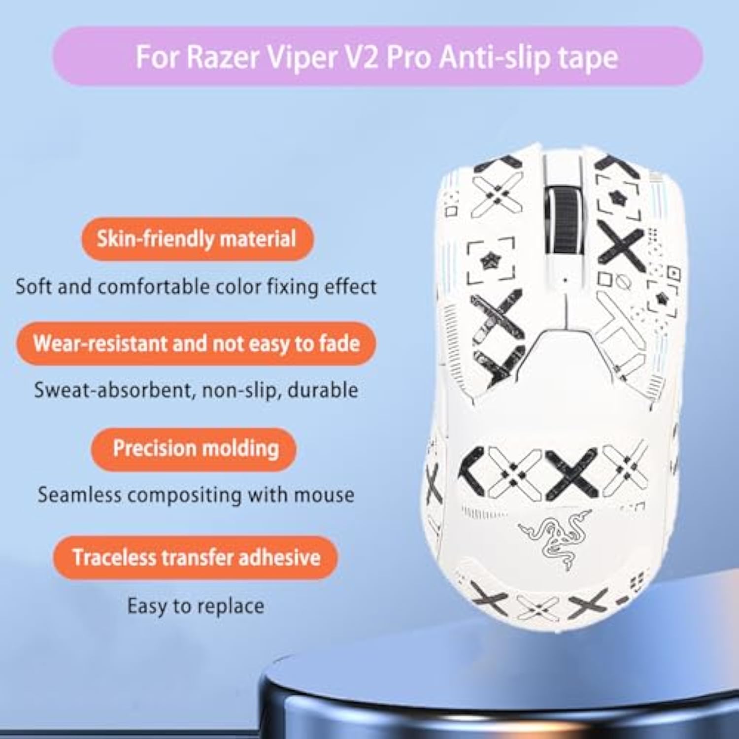 Mouse Grip Tape Full Coverage For Razer Viper V2 Pro, Rounded Curved Edges Mouse Feet Skates,Self-Adhesive Precut Sweat-Resistant Professional Mice Upgrade Kit(Foot Pad + White Mouse Grip Tape)