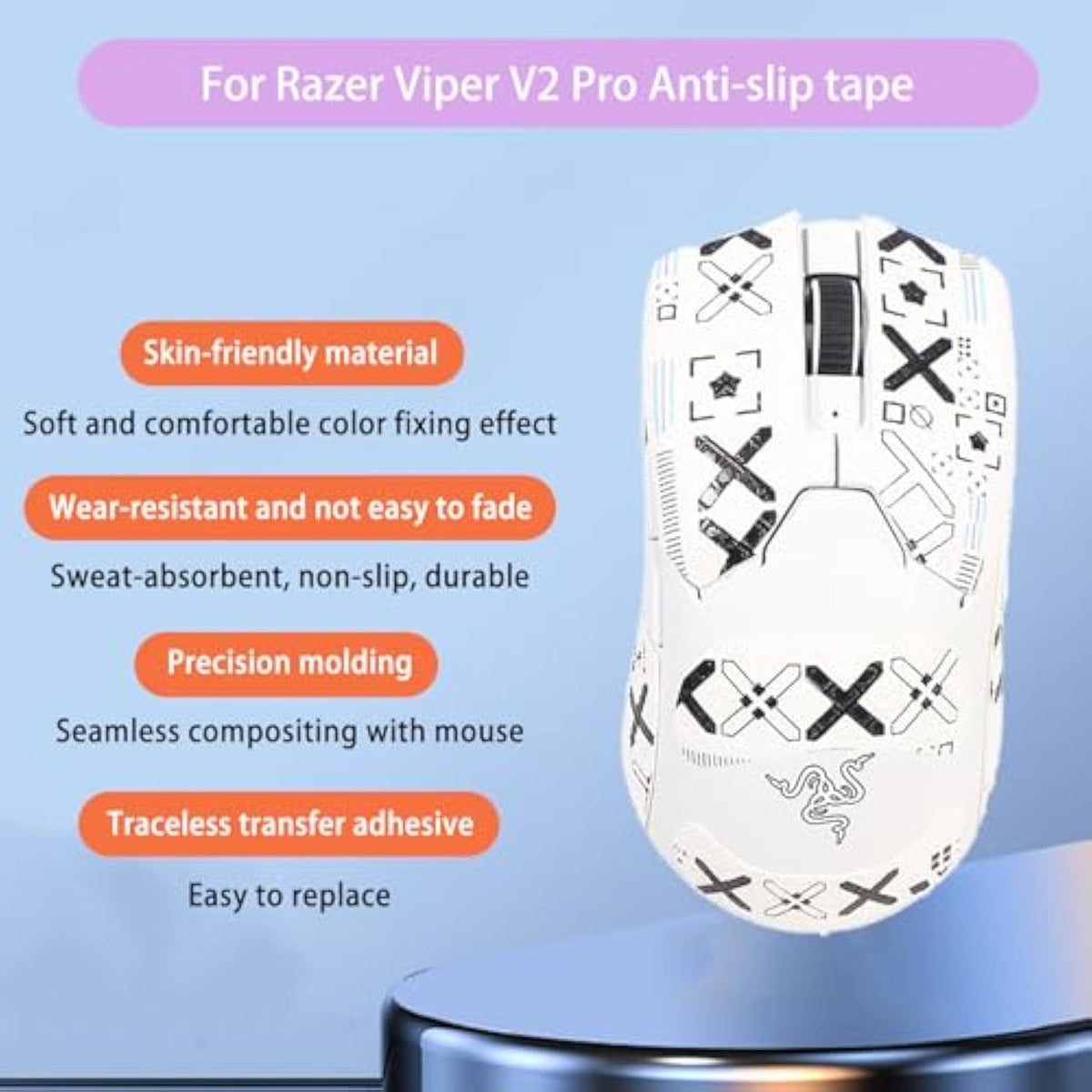Mouse Grip Tape Full Coverage For Razer Viper V2 Pro, Rounded Curved Edges Mouse Feet Skates,Self-Adhesive Precut Sweat-Resistant Professional Mice Upgrade Kit(Foot Pad + White Mouse Grip Tape)