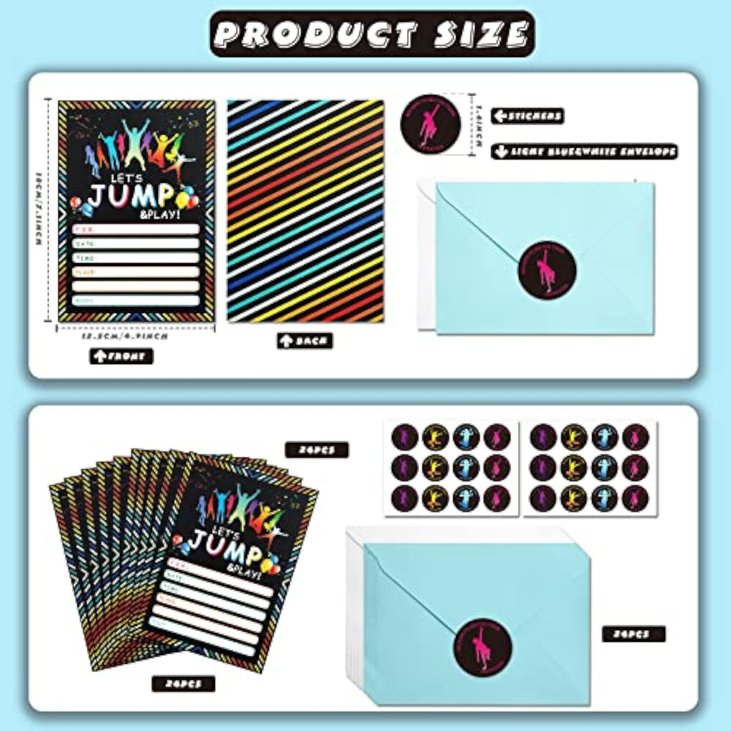 24 Pack Bounce House Birthday Invitations Jumping Party Invitation Cards, 24 Pack Jump Sticker Labels, 24 Envelopes Trampoline Jump Party Supplies For Boys Girls Kids Birthday Party