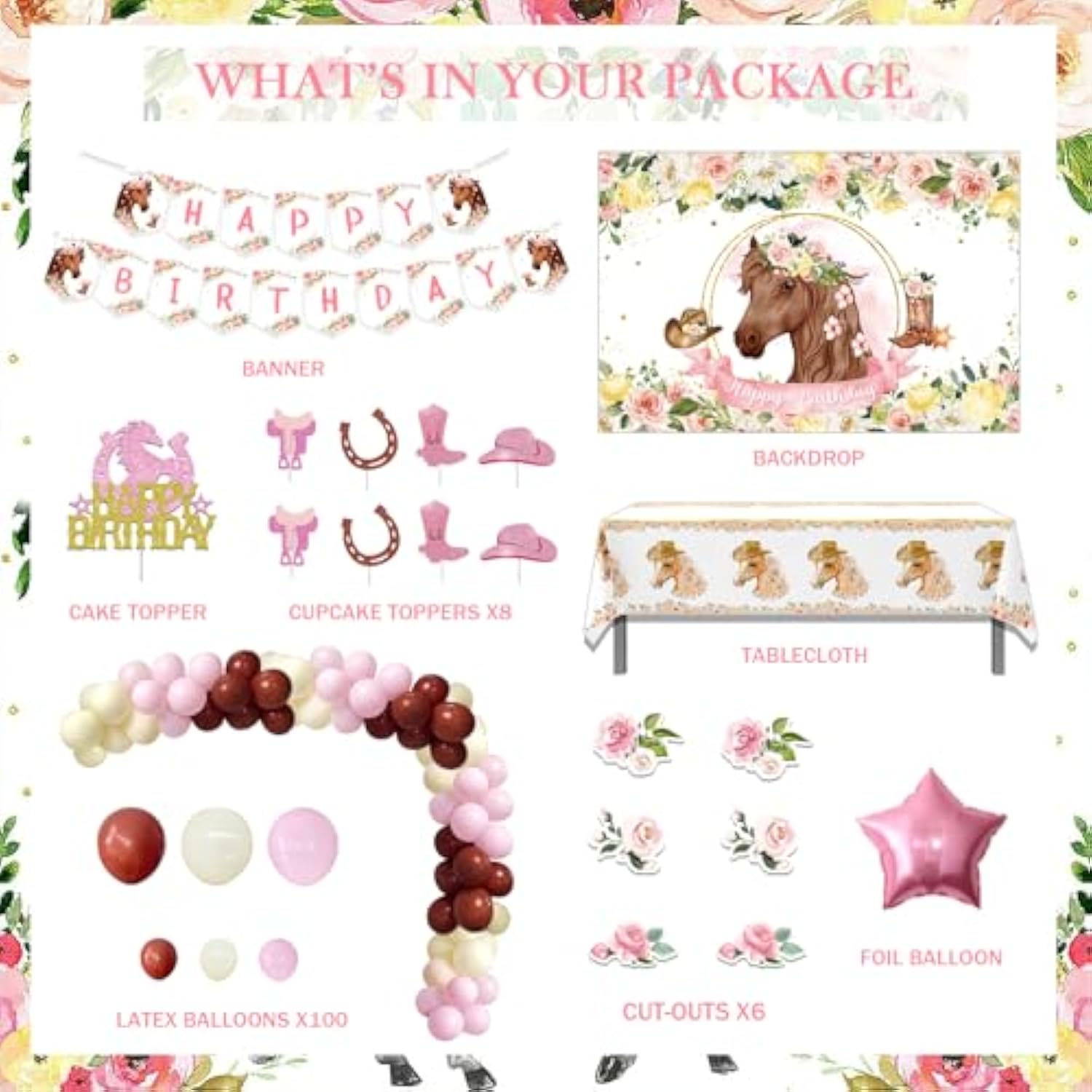 Horse Party Decorations For Girl, Floral Pink Brown Horse Western Themed Birthday Decorations Backdrop Balloon Garland Cutout Happy Birthday Banner Tablecloth Cake Cupcake Topper