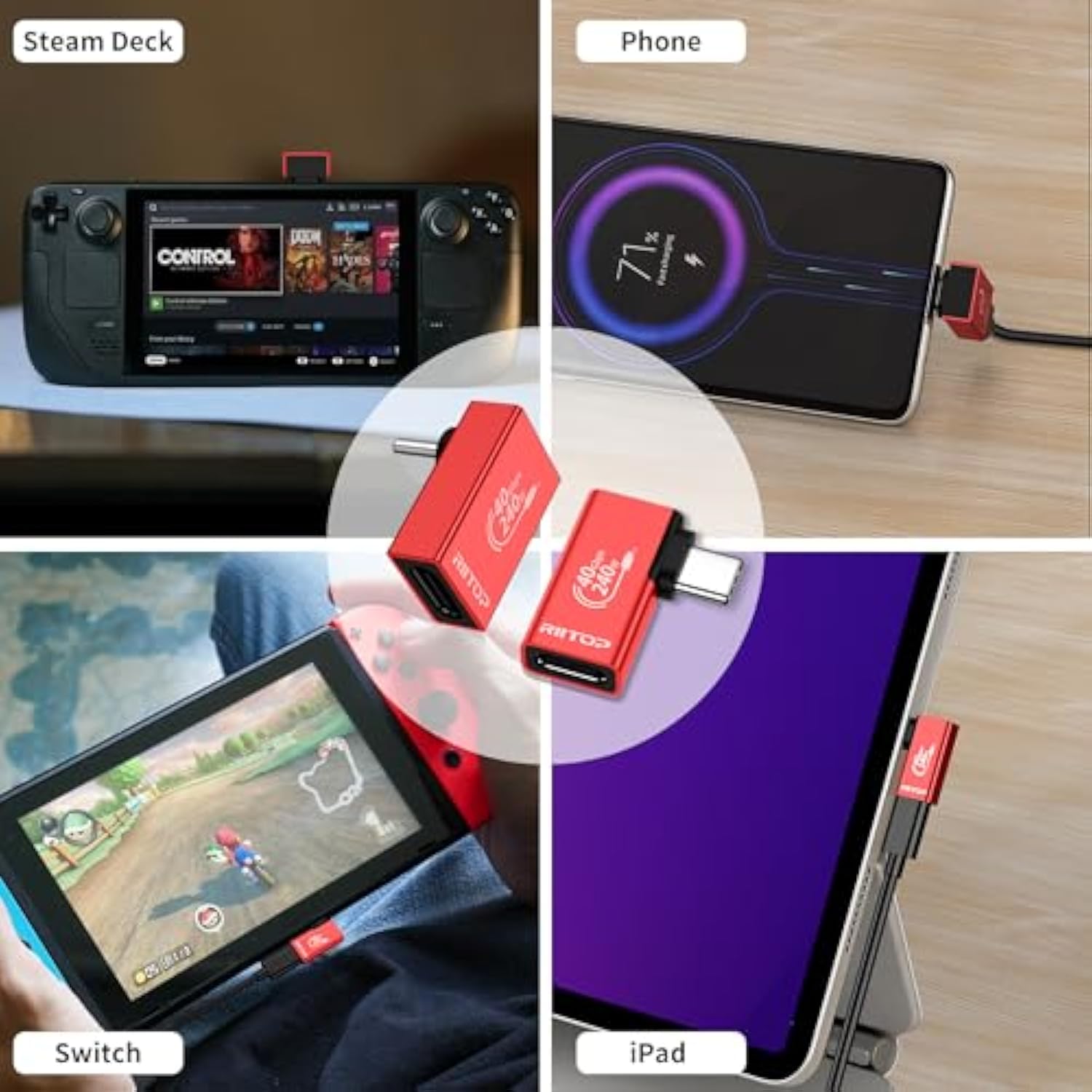 RIITOP USB 4 Extender 90 Degree Adapter USB C Right Angle Male to Female Connector 40Gbps 240W PD Charging Compatile with Thunderbolt 4 for MacBook Pro, Tablet, ROG Ally, Steam Deck and More