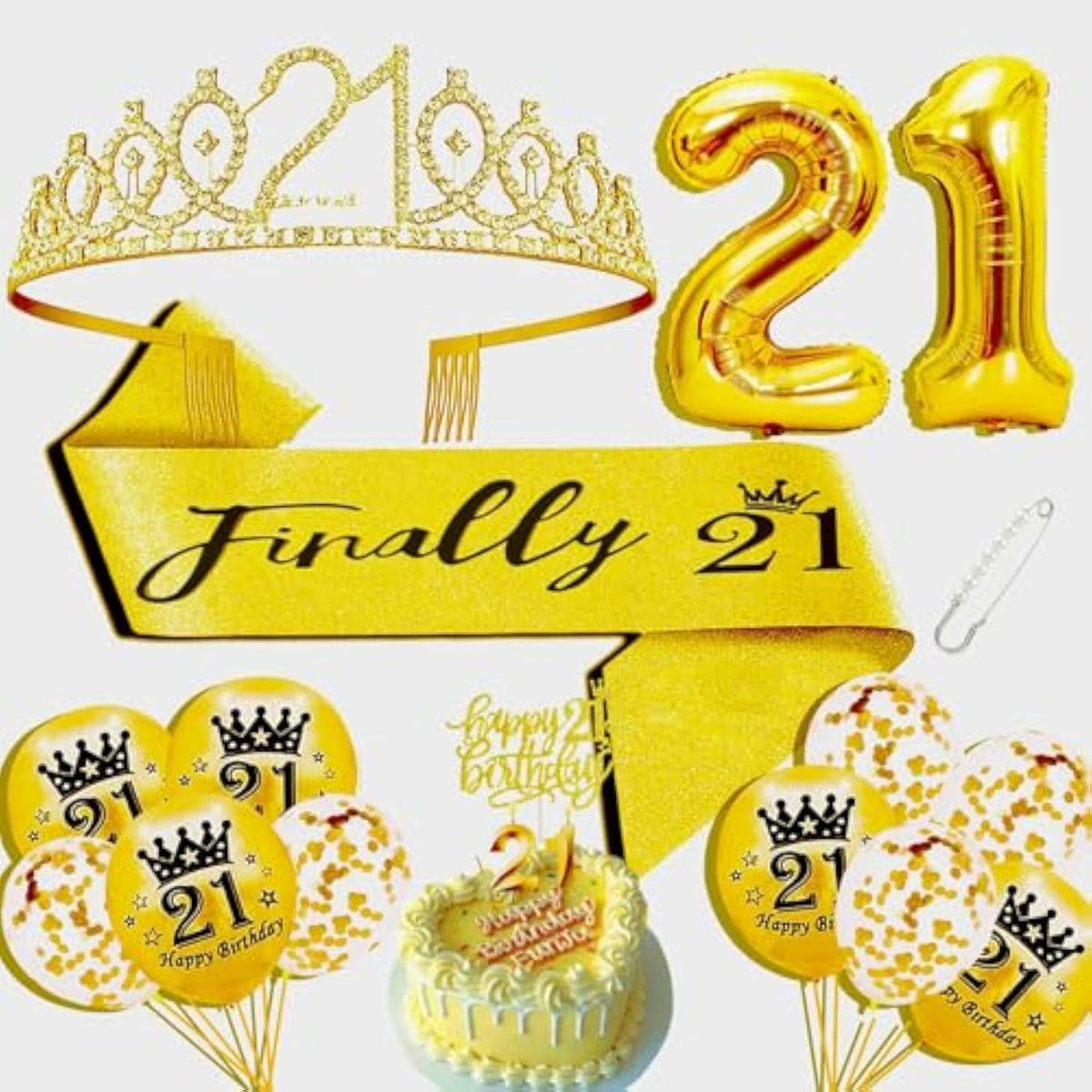 Girls 21St Birthday Decorations Set, Include Crown And Sash, Cake Topper And Candles, Gold Balloons, Party Supplies