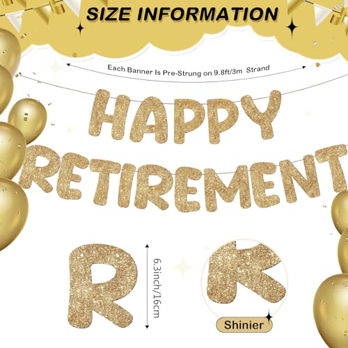 Pre Strung Happy Retirement Banner Glitter Sign, Champagne Gold