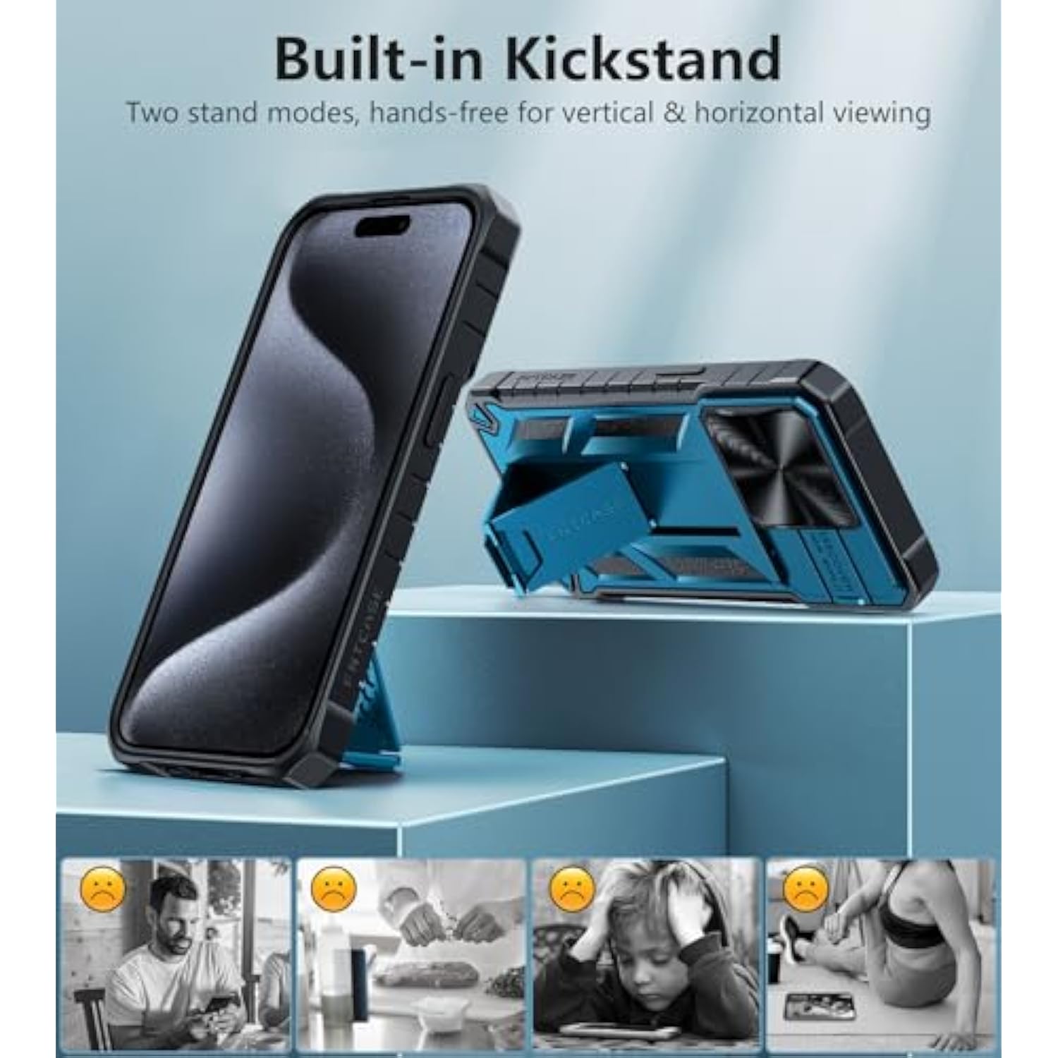 For Iphone 15 Pro Case: Military Grade Drop & Shock Protection Cell Phone Cover With Kickstand & Slide | Rugged Protective Bumper Textured (Blue)