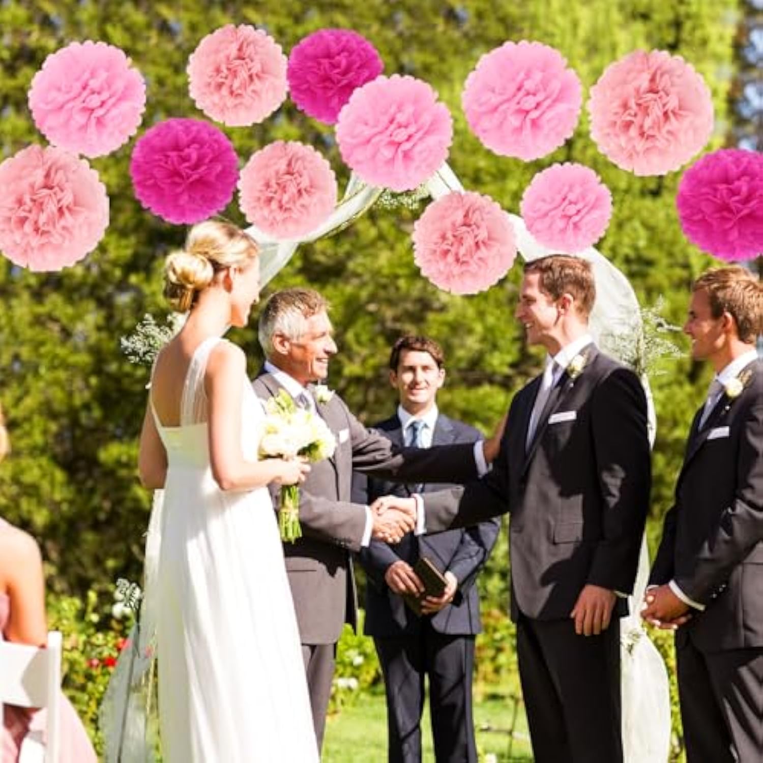 16Pcs Party Decorations - Hot Pink Pom Poms, Paper Flowers For Wedding, Birthday, Engagement Receptions & Bridal Shower