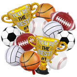 12 Pieces Sports Foil Balloon Set For Baseball Basketball Football Soccer Volleyball Trophy Foil Balloons Sports Birthday Party Balloon For Boy Baby Shower Sports Themed Party Decorations