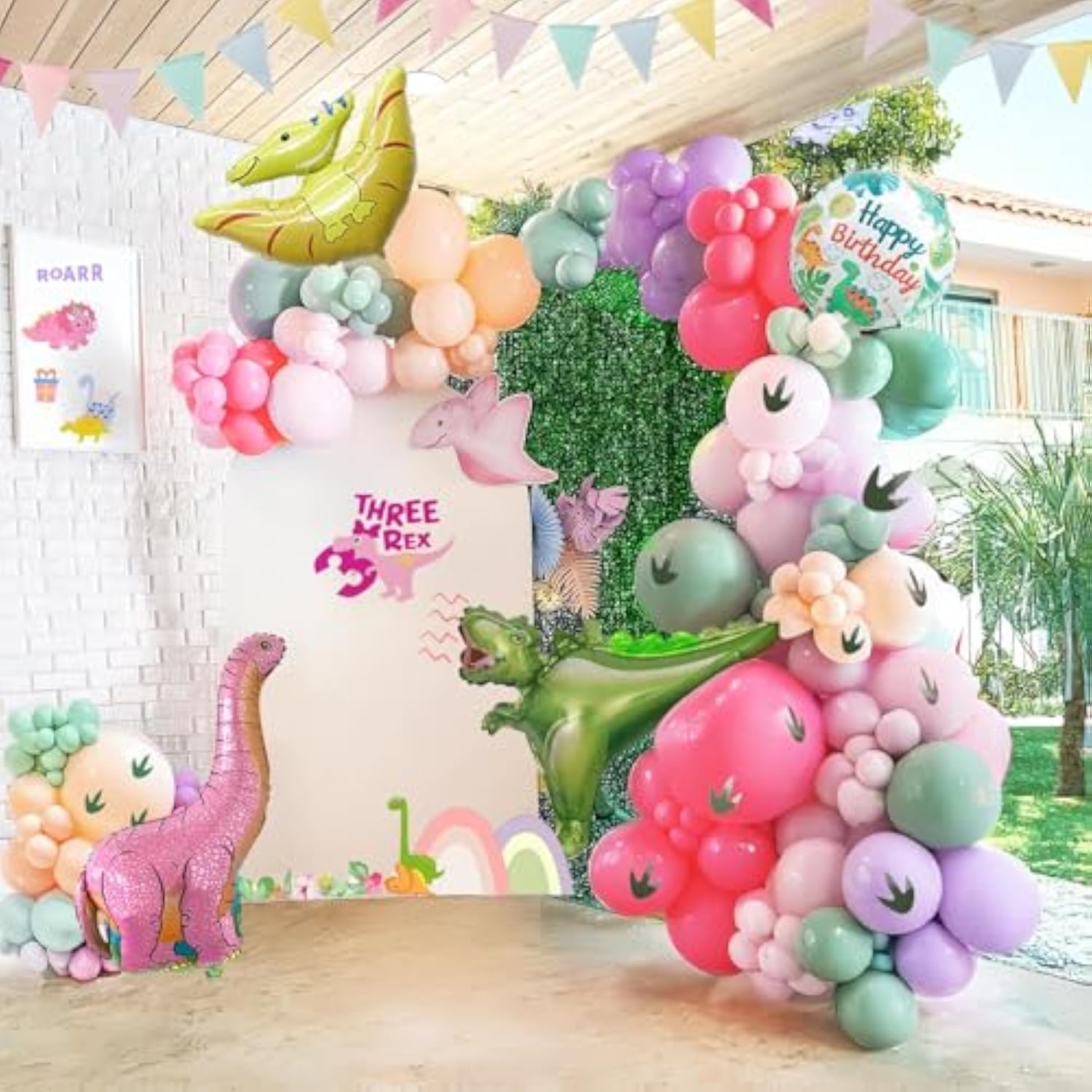 Pink Dinosaur Balloon Garland Kit 150Pcs Pastel Pink Green Purple Balloon And Foil Dinosaur Balloon & Footprint Sticker For Girl Dino Theme Birthday Baby Shower Decorations