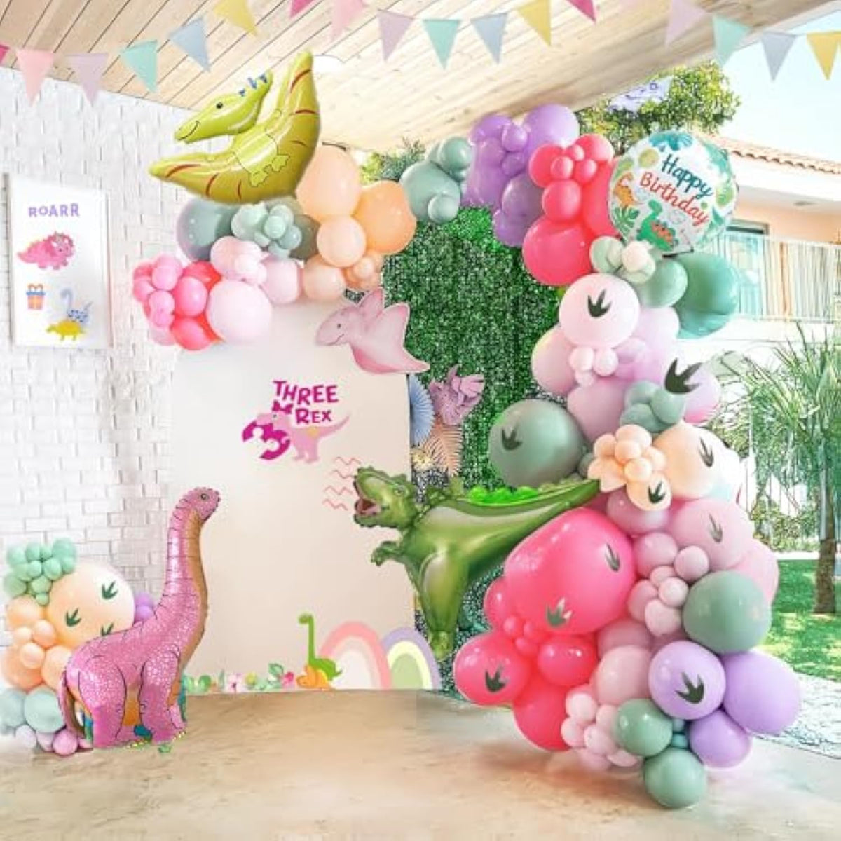 Pink Dinosaur Balloon Garland Kit 150Pcs Pastel Pink Green Purple Balloon And Foil Dinosaur Balloon & Footprint Sticker For Girl Dino Theme Birthday Baby Shower Decorations