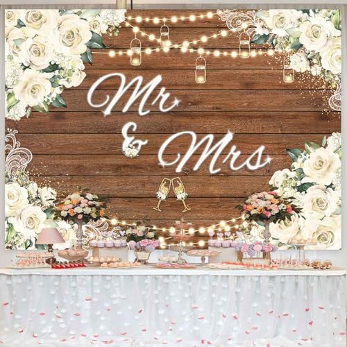 Mr and Mrs Bridal Shower Backdrop for Wedding Party Decorations White Floral Rustic Wooden Photography Background Bride to Be Engagement Proposal Anniversary Banner Photo Booth Props 7x5ft