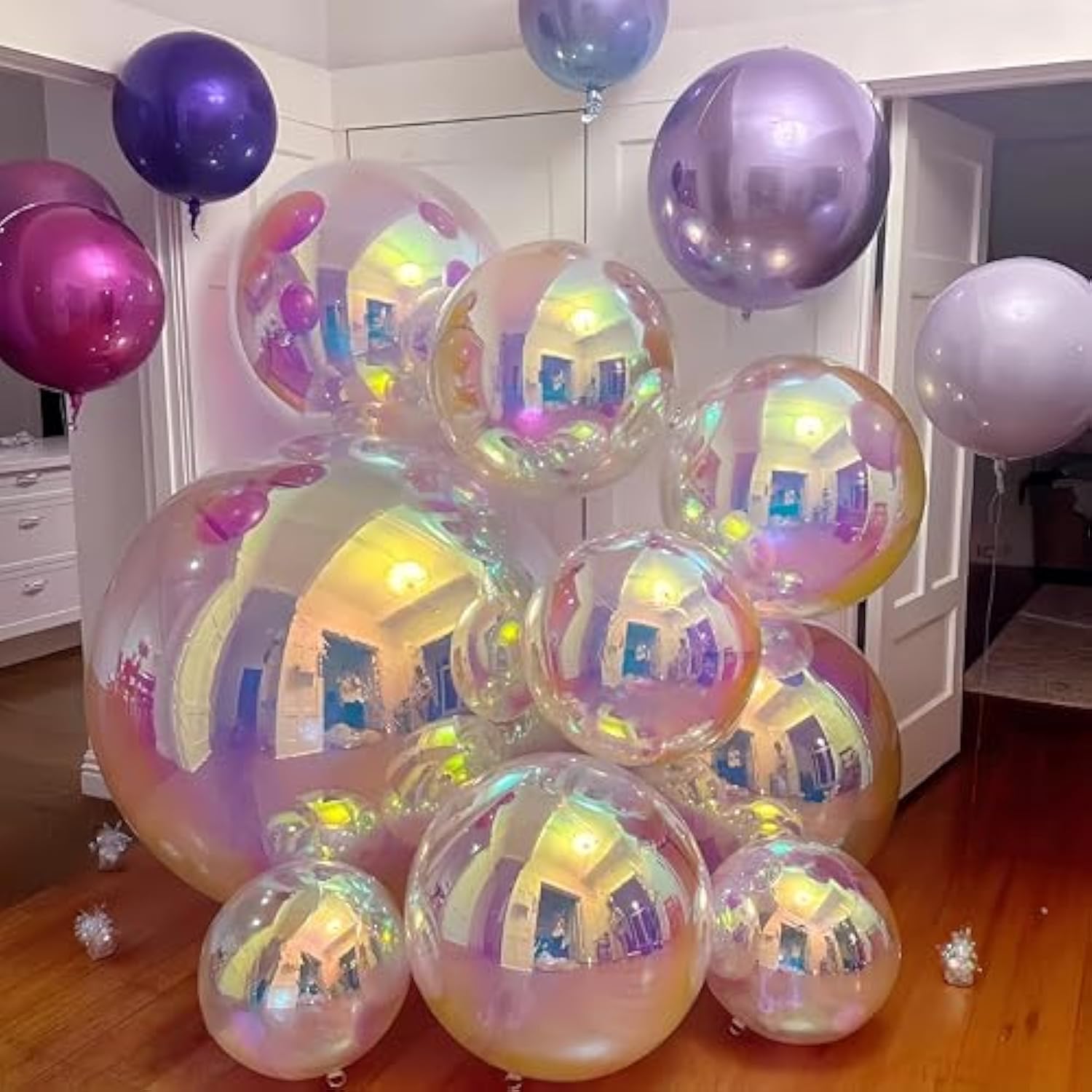 3Pcs 32 Inch Iridescent 4D Round Ball Balloons For Spring/Holographic Balloons/Star Clear Foil Decorative Folding Rainbow/Under The Sea Mermaid Groovy Party Decoration