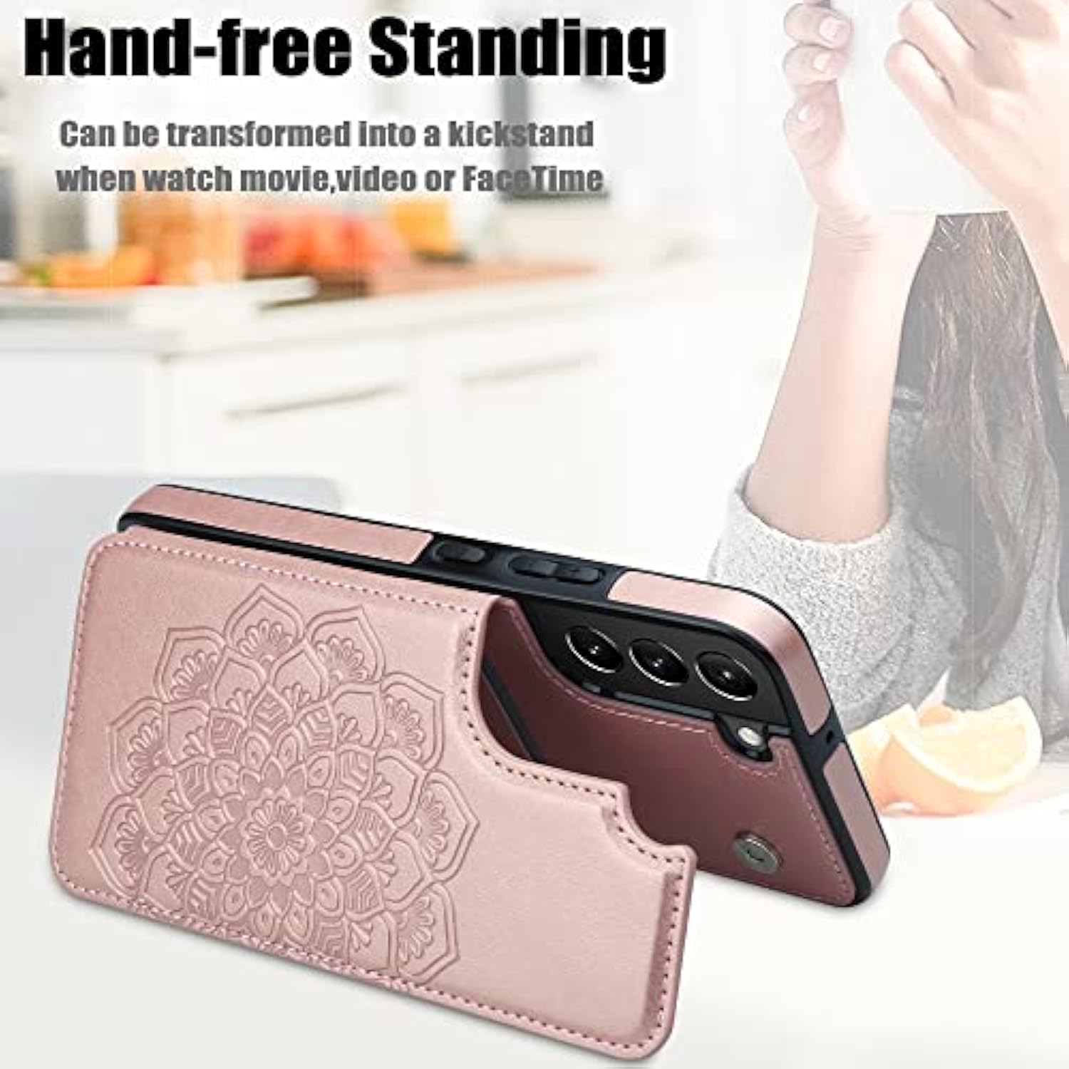 For Samsung Galaxy S22 Case With Card Holder,Flower Magnetic Buttons Protective Wallet Cover For Women For Samsung Galaxy S22 5G (2022),Rose Gold