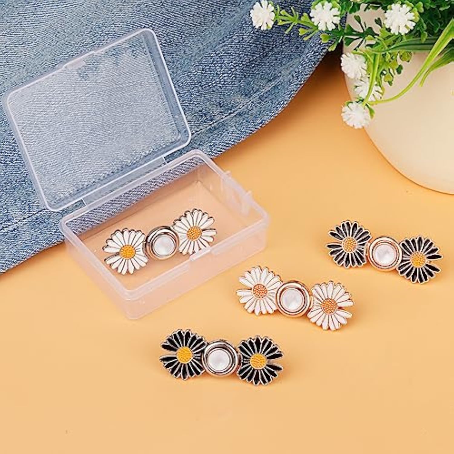 Pant Waist Tightener, Detachable Jean Buttons For Loose Jeans, No Sew And No Tools Button Pins For Jeans, Adjustable Jean Buttons Pins, Daisy Flower Instant Pants Button Tightener 4 Sets