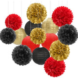Red-Black Gold Party-Decorations Paper Flowers Lanterns - 15Pcs Casino Theme Halloween Tissue Pom Poms Streamers,Game Night Women Men Birthday Wedding Bachelorette Hanging Supplies Decor