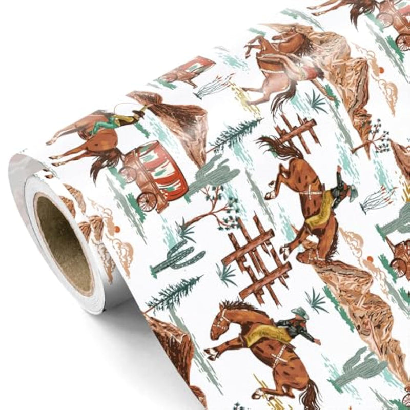 Western Wrapping Paper - Mini Roll - 17 Inch X 16.5 Feet - Cowboy Wrapping Paper Horse Design For Boys Men Birthday, Nashville Party