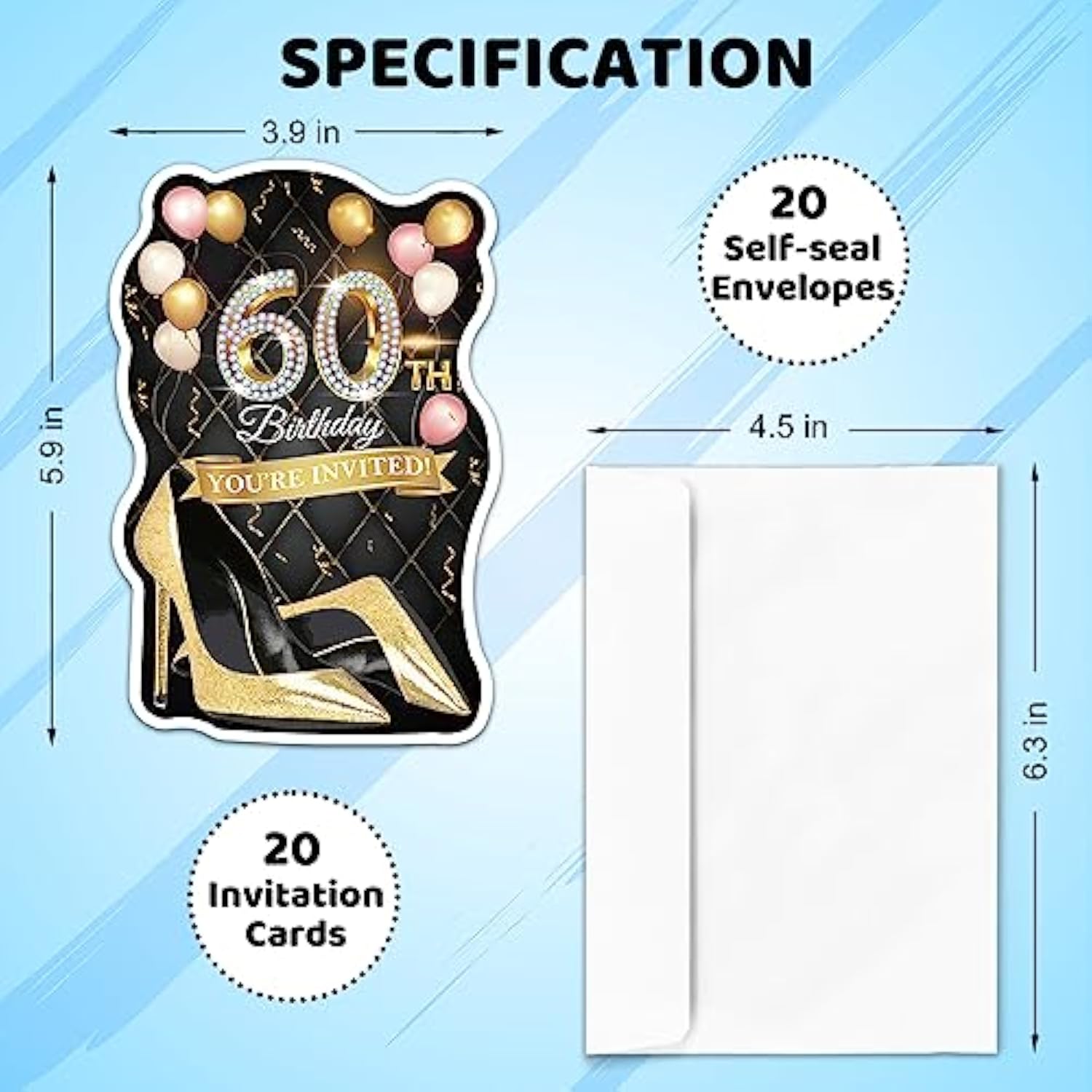 20 Pcs Pink Balloons & Black Golden High Heels Shaped Fill-In Invitations Cards With Envelopes, Funny 60Th Birthday Party Happy 60 Year Old Birthday Invites For Women Lady Wife Mom Adults