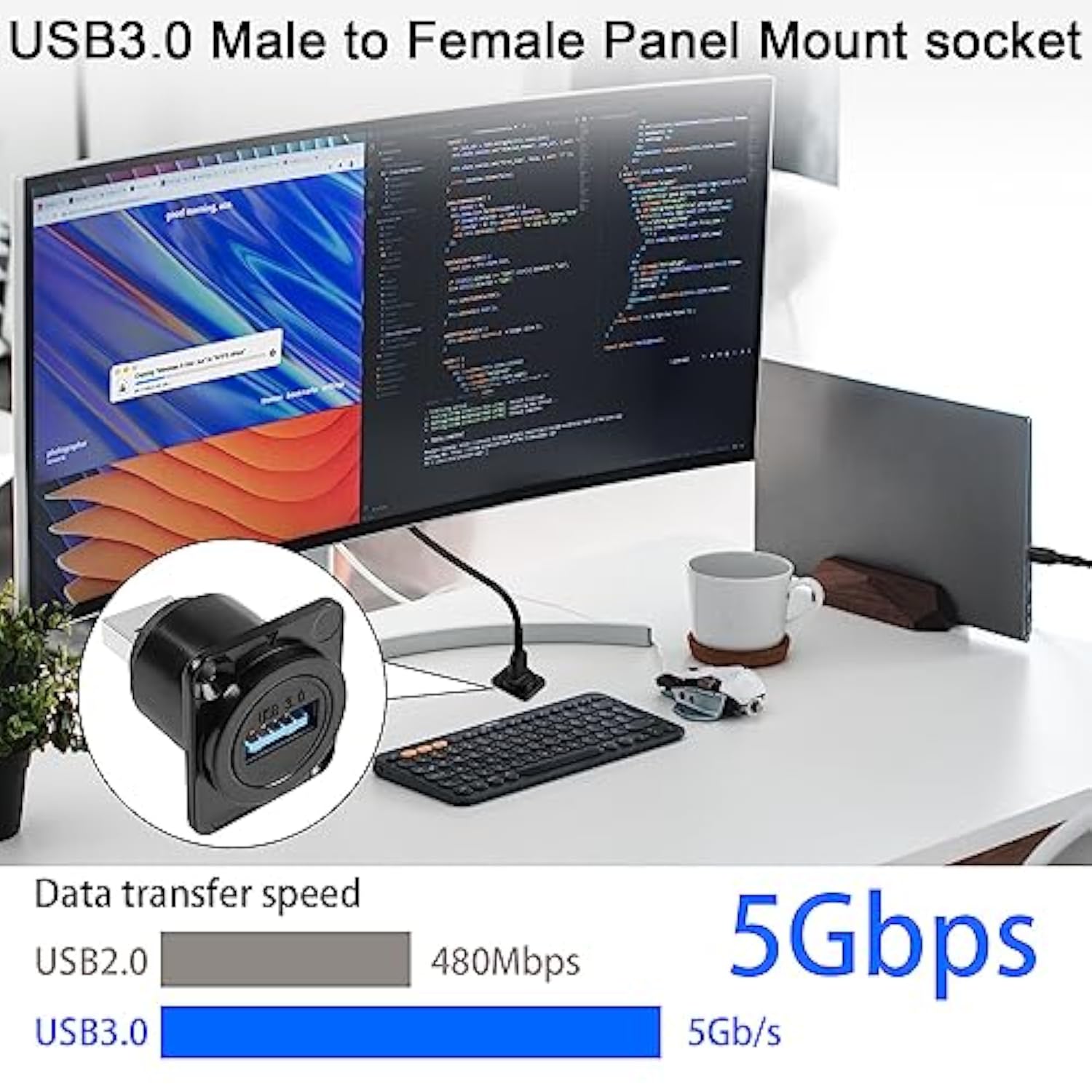 Usb3.0 Male To Female Panel Mount Adapter 5Gbps Usb Plug To Socket Conversion