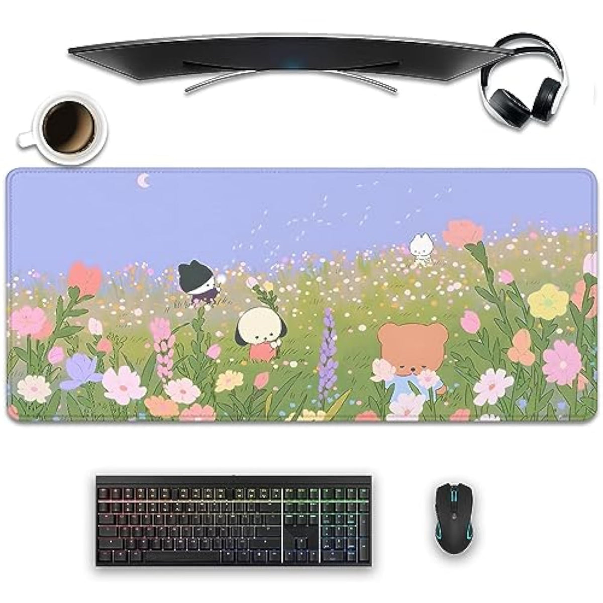 Flower Desktop Mouse Pad, Cartoon Kawaii Nature Desk Mat For Desktop, Keyboard And Gaming Mouse Pad (27.5X11.8 In)
