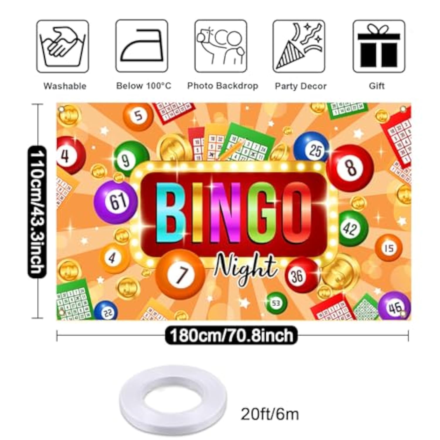 Bingo Night Backdrop Banner, Casino Theme Game Time Party Decor for Adults & Boys