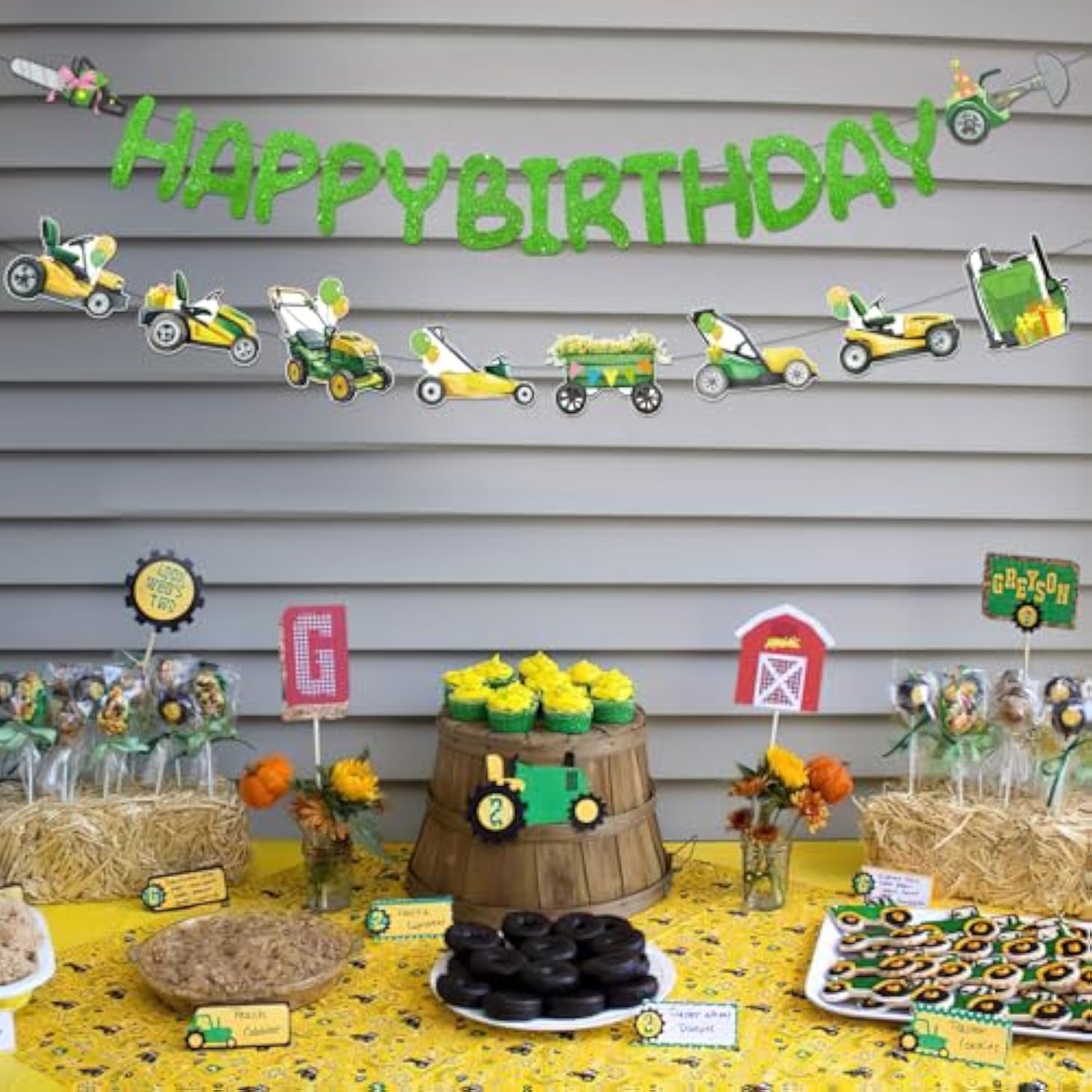 Lawnmower Birthday Party Decorations - 2 Pcs Pre-Strung Lawn Mower Happy Birthday Banner For Boy, Green Tractor Party Supplies For Kids, Glitter Letters Banners Garland Ceiling Wall Decor