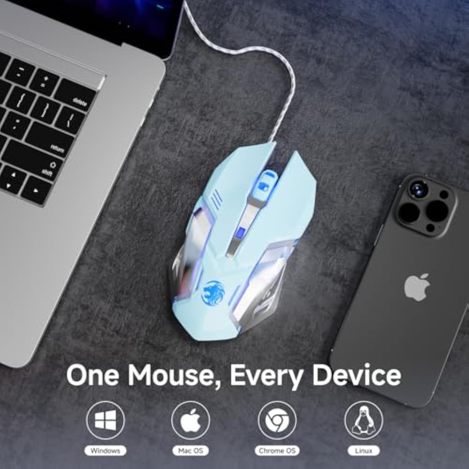 Eweadn G3 Wired Gaming Mouse, 2400 Dpi Wired Optical Mouse With 6 Programmable Macro Buttons, Metal Base, 4-Color Breathing Light For Pc/Laptop/Windows-Blue