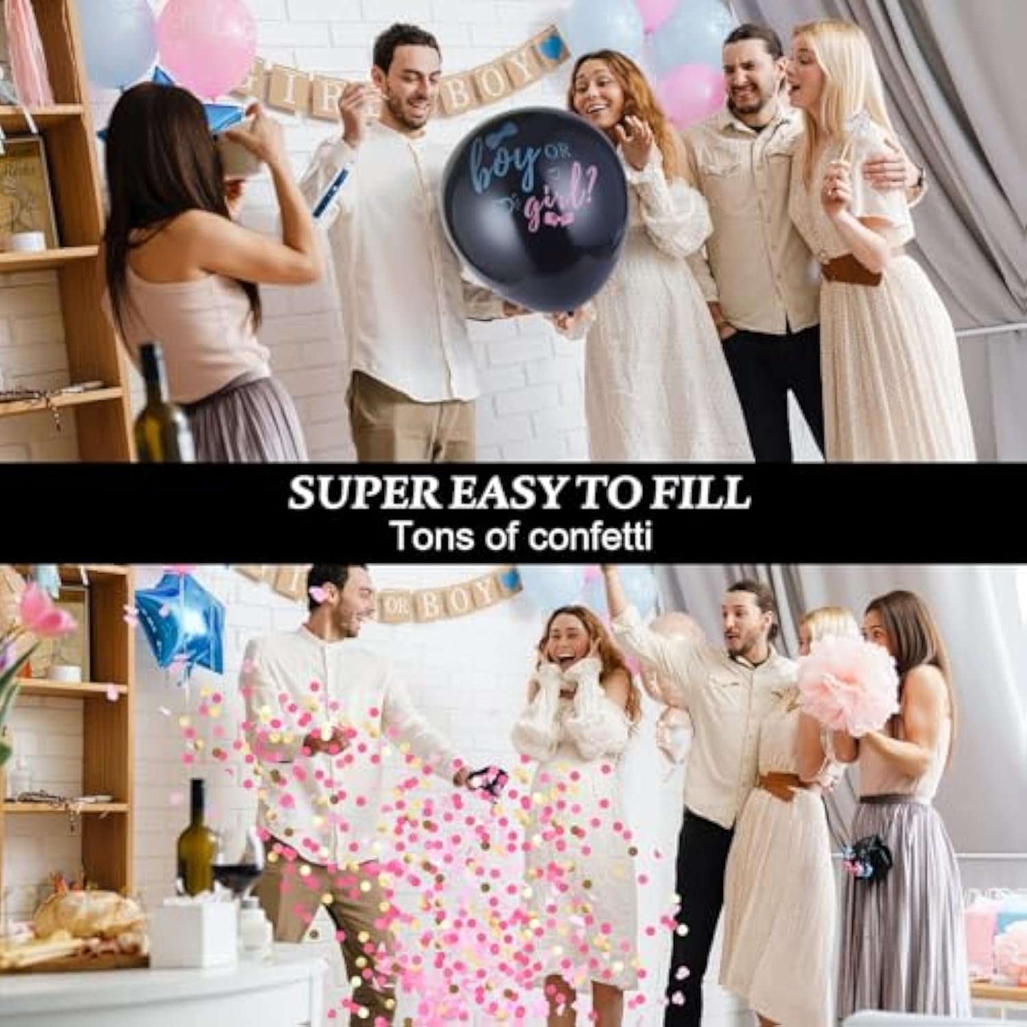 Gender Reveal Balloons: 36" Black Balloons with Pink & Blue Confetti